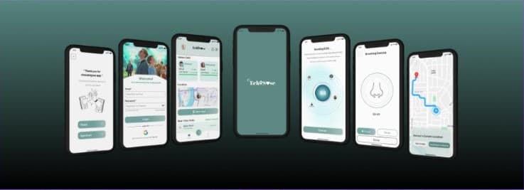 Seven iPhone screens from the EchoSense Companion app: sign-in, caregiver dashboard, SOS, breathing exercise and live location map