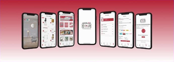 Seven iPhone screens from the HomeArt app: AR room preview, product catalogue, product page, cart, checkout and order confirmation
