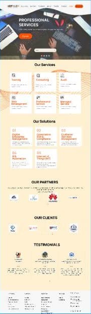 Full-length ICTHub landing page redesign with a hero banner, service cards, solutions, partners, clients and testimonials