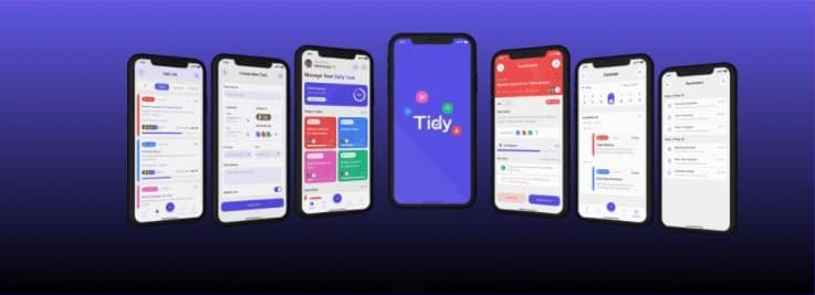Seven iPhone screens from the Tidy task app: task list, create task, daily dashboard, task details and calendar